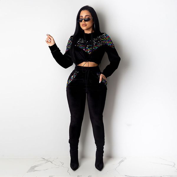 

women's sports suits tracksuit women's suit winter fashion sequins drawstring long sleeves hoodie leisure suit#g4, White;black