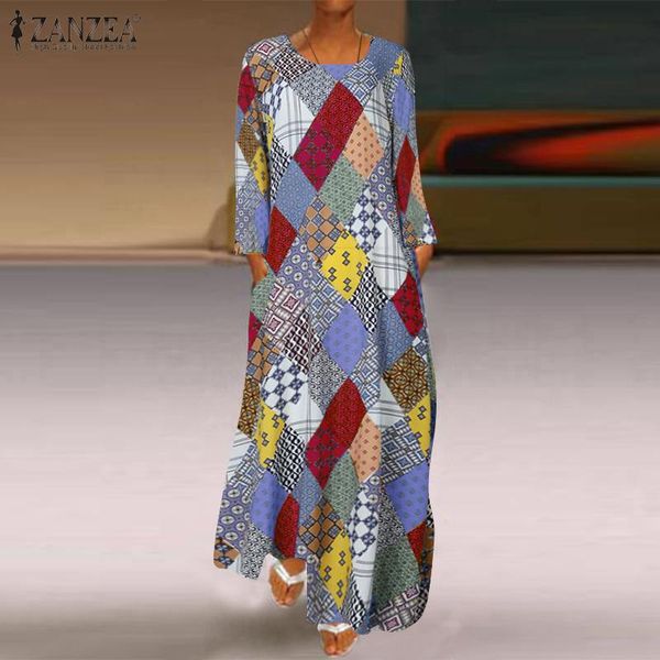 

zanzea printed geometry dress women summer long maxi dresses casual sundress long sleeve bohemian dress o-neck vestidos 5xl, Black;gray