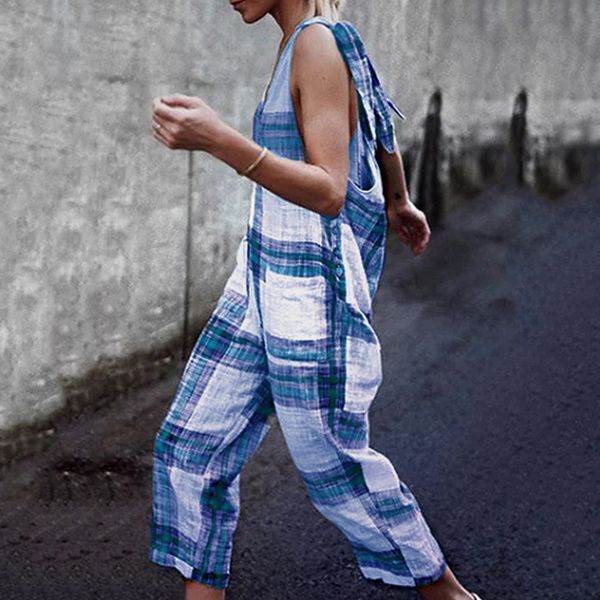 

women's jumpsuit ladies holiday summer loose retro stylish plaid cargo, Black;white