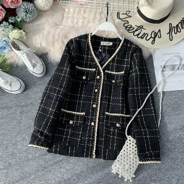 

nicemix vintage 2019 black white single breasted jacket autumn winter double pockets women outerwear elegant long sleeve v neck, Black;brown