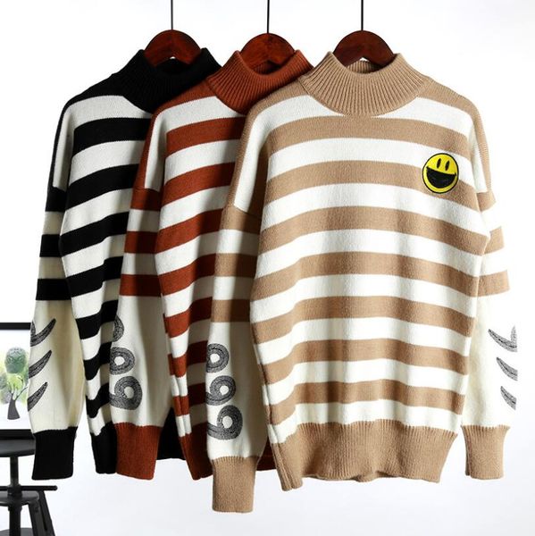 

autumn and winter men new turtleneck collar korean edition striped loose knitted sweater male's fashion letters pattern pullover, White;black