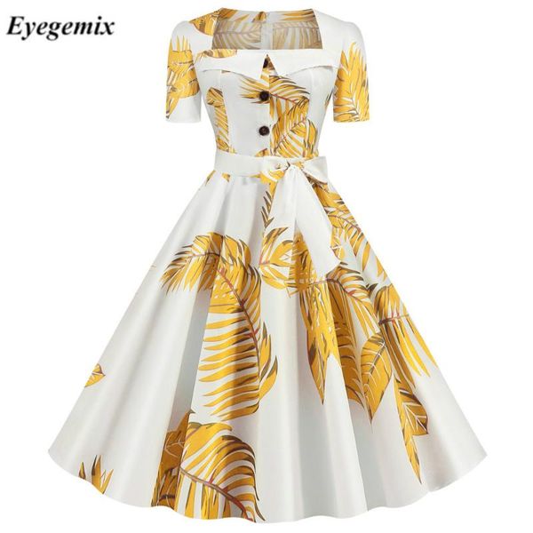 

women summer floral print high waist casual holiday vestidos elegant square collar short sleeve retro vintage party midi dresses, Black;gray