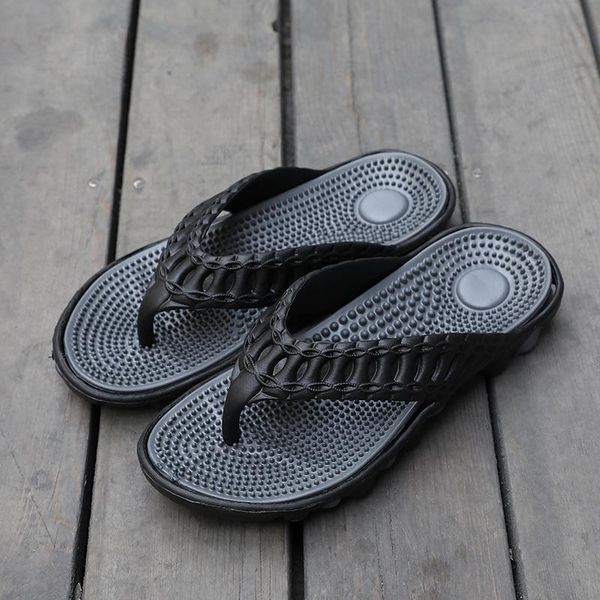 

новейшая обувь для мужчин сандалии и тапочки летний массаж снизу модные шлепанцы нескользящая мягкая нижняя одежда приморский отдых пляжная, Black
