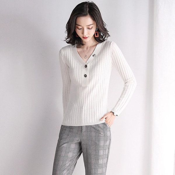 

женщины ребристые вязаная полосатый свитер 2020 весна новый с длинным рукавом v шеи кнопка пуловер шерстяной свитер черный белый топы перемы, White;black