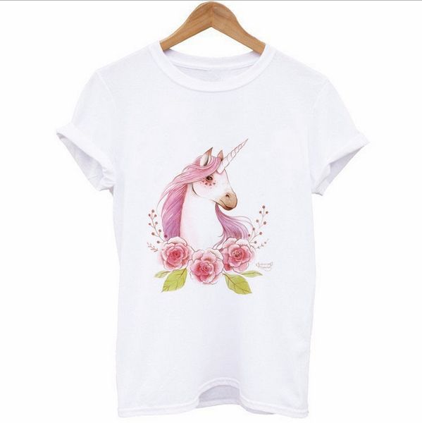 

fashion european and american style unicorn print t-shirt harajuku t-shirt ladies short-sleeved shirt wholesale, White