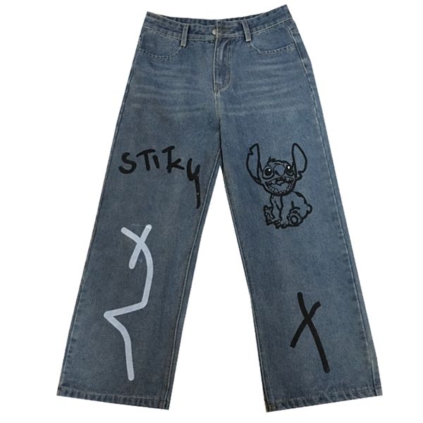 

harajuku graffiti jeans ins vintage denim wide leg pants cartoon animal print jeans cotton loose high waist trousers female, Blue