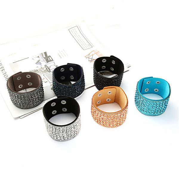 

leather rhinestones wide bangles women handmade men charms bracelet wristband bracelet girls daily fashion accessories, Black
