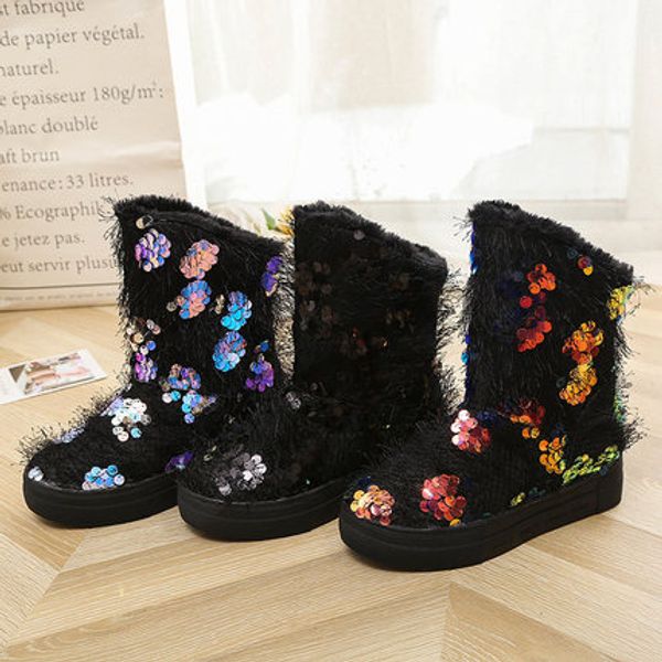 

2019 winter new style inside increase fashion color sequins plus velvet warm thick bottom tube snow boots, Black