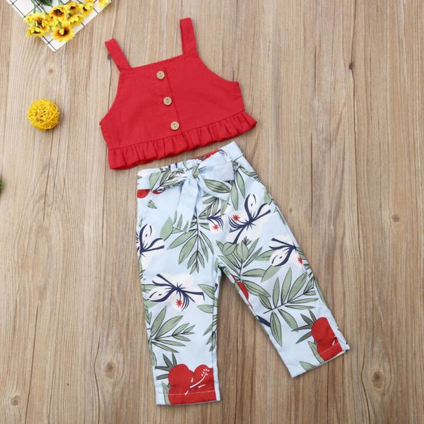 

toddler kid baby girl clothes sleeveless crop floral long pants outfits set, White