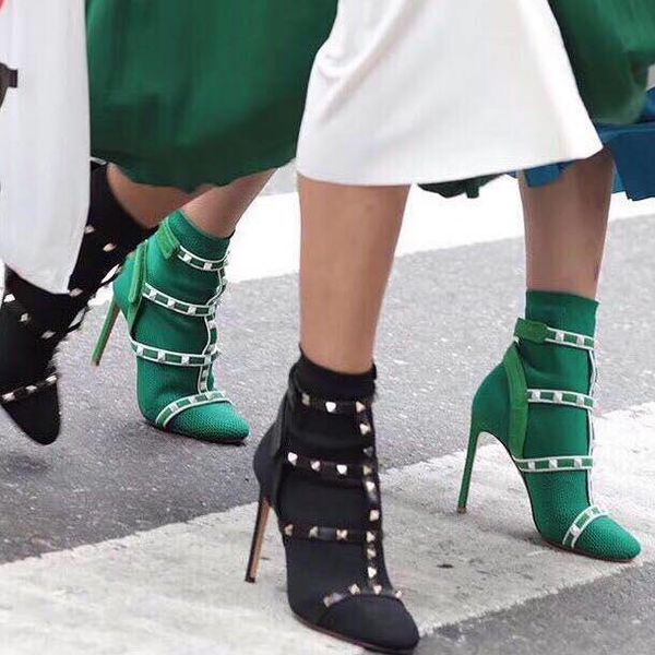 Brand High Heels Rivet Socks Boot Short Booties Studded Boots Belt Slip On Stretch Knit Ankle Boots Fashion Runway Shoes 10cm Fur Boots Black Knee