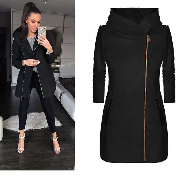 

2018 winter autumn coat women jacket female zipper up coat outerwear hat slim pocket long casaco female chaqueta mujer, Black