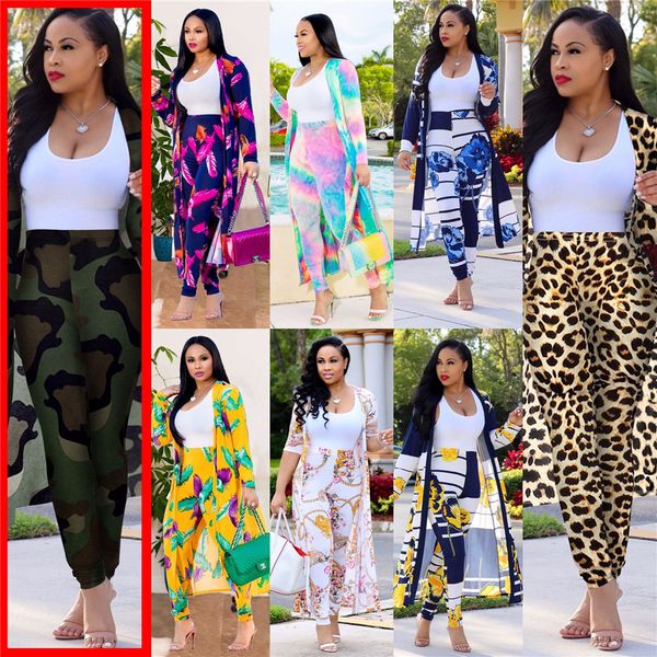 

women's two piece long sleeves cardigan coat + long skinny pants casual club party leopard camouflage print winter two piece pants sets, White