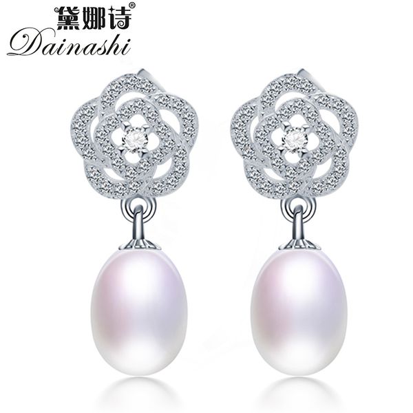 

dainashi 100% genuine natural freshwater oval pearl drop earrings fashion 925 sterling silver zircon flower earrings for women, Golden;silver