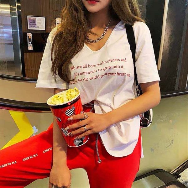 

2020 чистого хлопка модно v-образным вырезом маленькой буквы печать закругленную боковую открытую вилку свободно короткими рукавами футболки, White