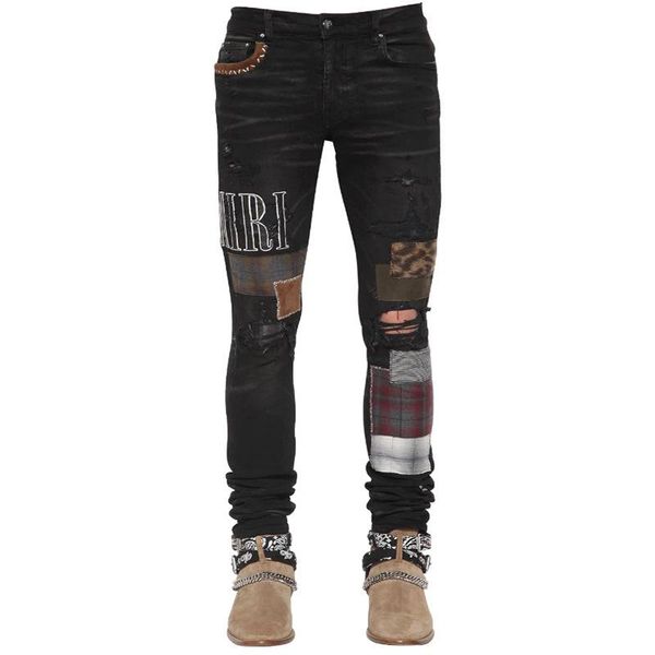 

2020 fashion trend high street fashion jeans men's tide black patch amiri hole punk style slim feet pants size 28-36, Blue