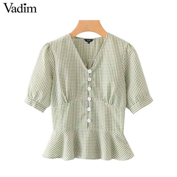 

vadim женщины сладкий плед блузка v шеи кнопка короткий рукав дизайн рубашки мило шикарный женский летний топ blusas da500, White