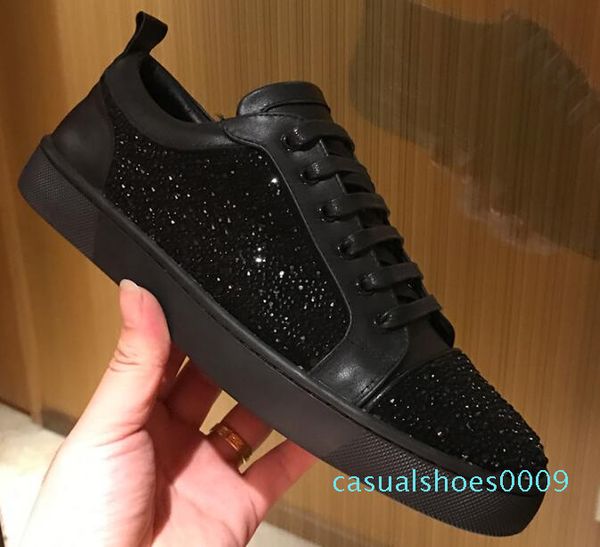

new 2019 designer sneakers red bottom shoe low cut suede spike shoes for men and women shoes party wedding crystal leather sneakers 09c, Black