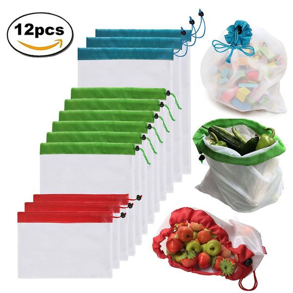 

12pcs экологичные многоразовый моющийся mesh bag для хранения бакалея корзина с фруктами овощной игрушки мешок