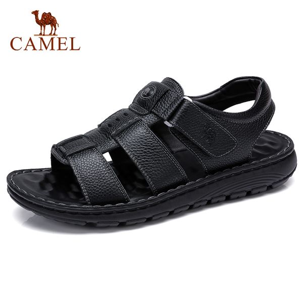 

camel new business casual men's sandals comfortable genuine leather shoes soft elastic textured cowhide men sandal, Black