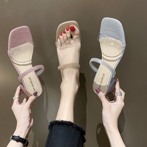 

square toe high-heeled shoes lady slippers casual slides med slipers women transparent heel heels summer block 2020 soft, Black
