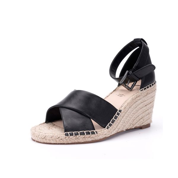 

summer cow leather ankle strap espadrilles women wedge sandals causal shoes, Black
