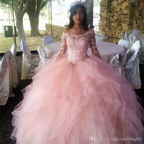 

принцесса розовое бальное платье quinceanera платья с плеча с длинным рукавом полые назад каскадные оборки аппликации выпускной вечер платья, Blue;red