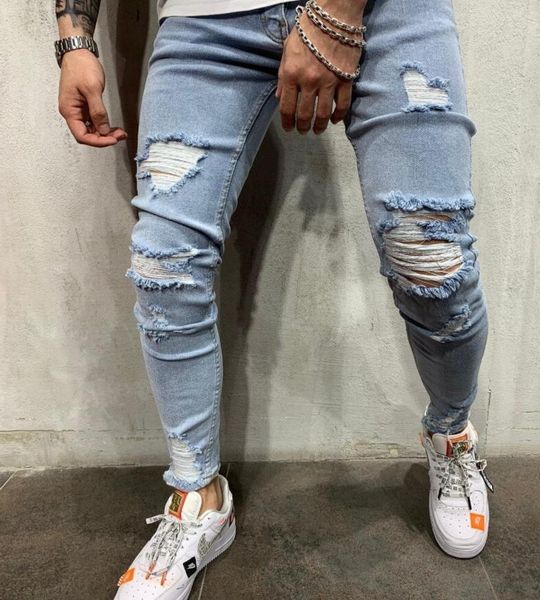 

high street молодежные мужские джинсы hole тонкий сплошной цвет летние брюки повседневная прохладный мужчины карандаш штаны, Blue