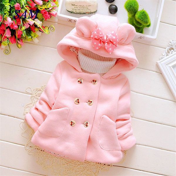 

girls casual thick woolen coats children's hooded shirt bow pocket double-breasted outerwear baby kids wam jackets clothes, Blue;gray
