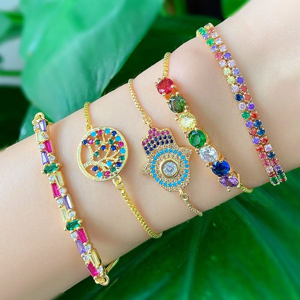 

somsoar jewelry rainbow crystal zircon bracelet tree of life & hand pendant adjustable bracelet as mother's day gift, Golden;silver
