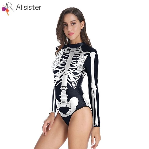 

newly design 3d skeleton print one piece swimsuit long sleeve beach bathing suit women plus size swimwear, White;black