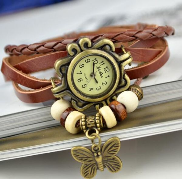 Klassische Uhr aus echtem Leder, handgestrickte Uhren, Seilgeflecht, Armband, Armbanduhren, Schmetterlingsanhänger, Damen-Luxusperlen, Kleiduhr