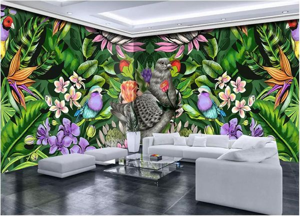 

3d wallpaper custom p murals hand drawn tropical plants flowers and birds cartoon american wallpaper for walls 3 d living room