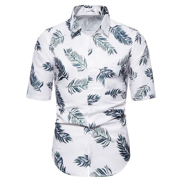 

hawaiian shirt men fashion leaf print slim short sleeve blouse male pesonality casual party dress summer new 2020, White;black
