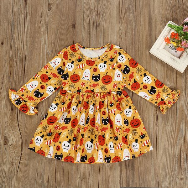 

new autumn baby dress toddler kids baby girl clothes long sleeved halloween pumpkin printed princess dress outfit clothes#p4, Red;yellow