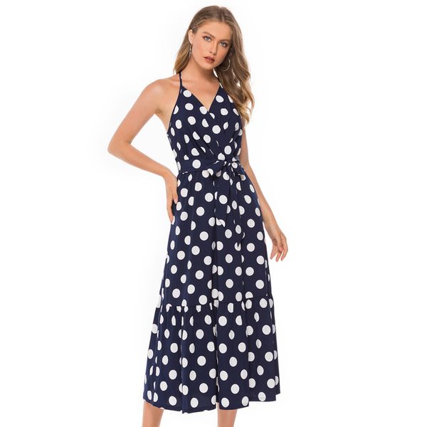 

Women Polka Dot Dresses Blue Sleeveless with Belt Middle Waist Bandage Long Maxi Casual Lady Dresses 3 Colors