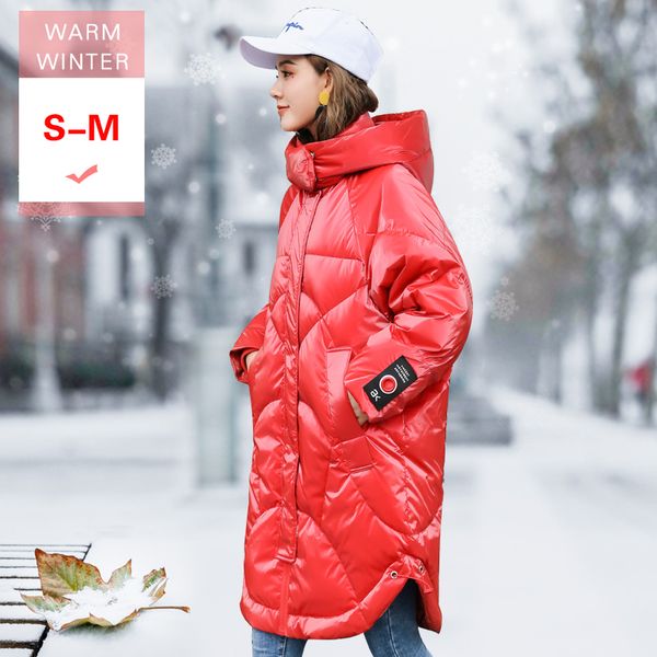 

2019 new winter women long white duck down jacket with hood female warm casual zipper feather coat windproof outwear larger size, Black
