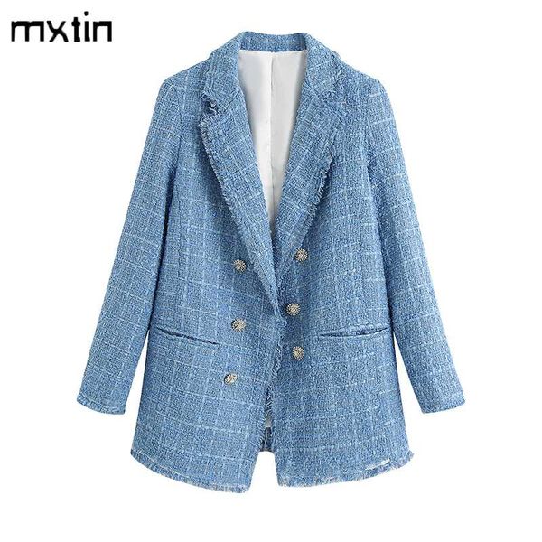 

women's suits & blazers vintage double breasted blue tweed coat women 2021 fashion plaid tassel ladies outerwear casual casaco femme, White;black