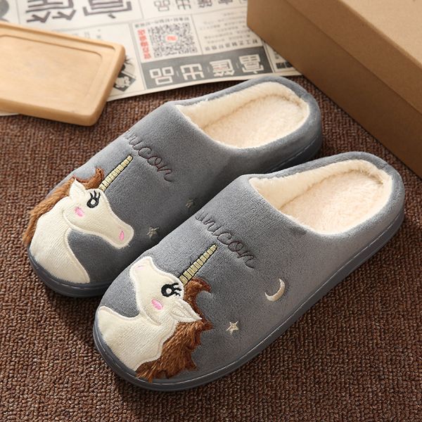 

cartoon unicorn women winter home slippers embroidery couples warm house shoes men women boys girls indoor bedroom slippers, Black