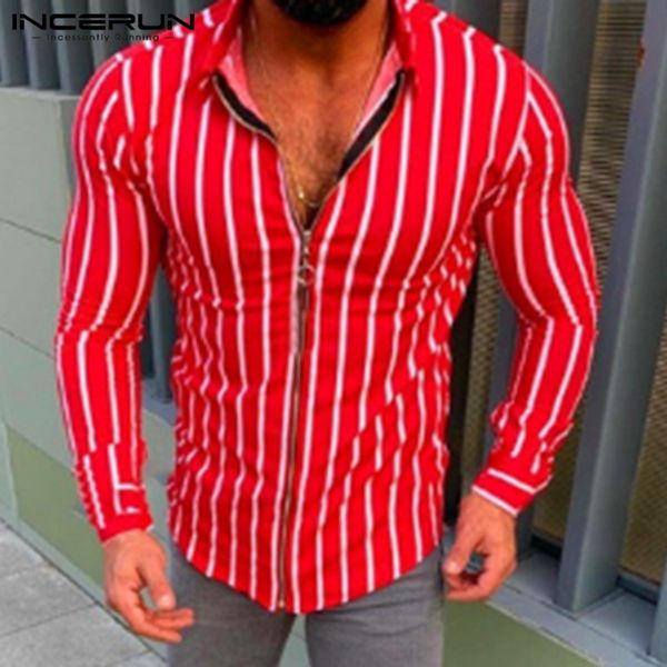 

incerun striped long sleeve shirt men zipper up 2019 lapel handsome fashion fitness outerwear streetwear men casual shirts, White;black