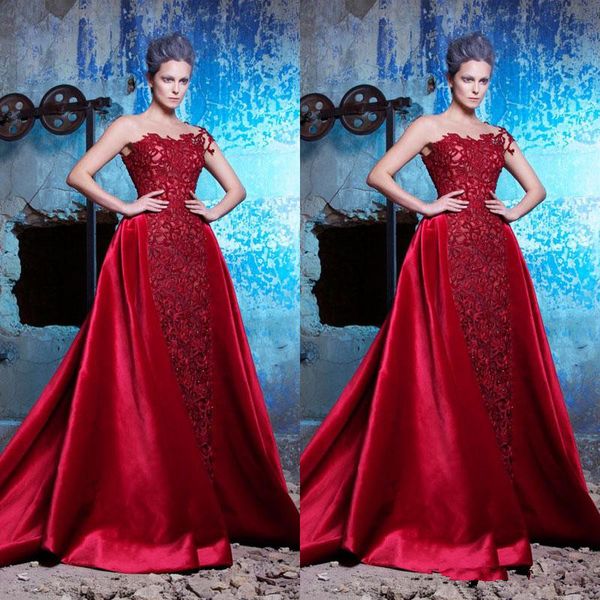 

new saiid kobeisy red evening dresses with detachable train full lace applique beads prom gowns crystal sheer neck pageant dress, Black;red
