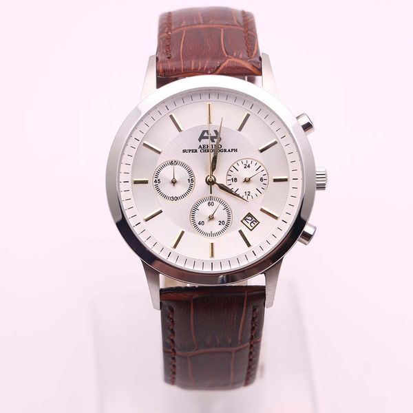 

2020 aehibo battery mens watches gold markers quartz super chronograph hardlex watch 40mm white dial date limited wristwatches, Slivery;brown