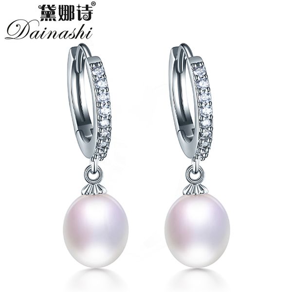

dainashi fashion 925 sterling silver zircon hoop drop earrings 100% genuine freshwater cultured pearl drop earrings for women, Golden;silver