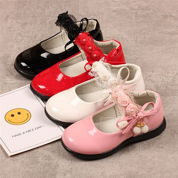 

girls leather shoes children baby pearl pendant flower lace princess bowknot single shoes retro baby for girls dance, Black;red