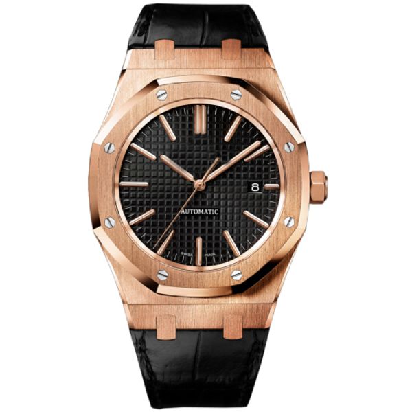 

men gold black dial fashion classic style 42mm leather strap automatic movement wristwatches 15400st watches, Slivery;brown