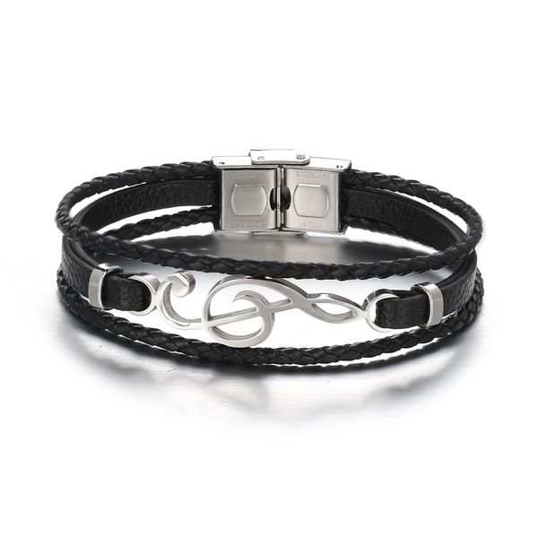 

2019 liujun jewelry titanium steel cuff bracelet men vintage stainless steel multilayer music symbol weave leather bracelet, Golden;silver