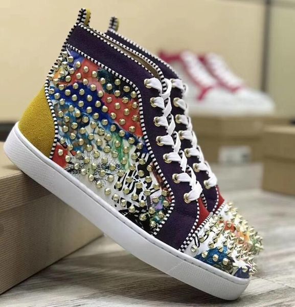 

mutil spikes high sneaker studded spikes casual flats red bottom luxury walking men and women party designer sneakers lovers leather, Black
