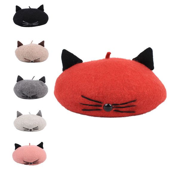

autumn winter wool beret hats for women cute cat beard berets cap with ears boinas para mujer, Blue;gray