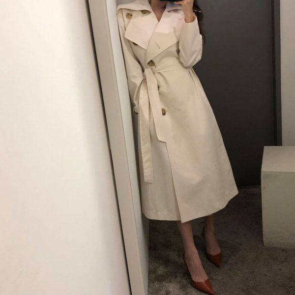 

new spring autumn long trench coat women slim v neck turn down collar with belt khaki outerwear ladies elegant windbreaker, Tan;black