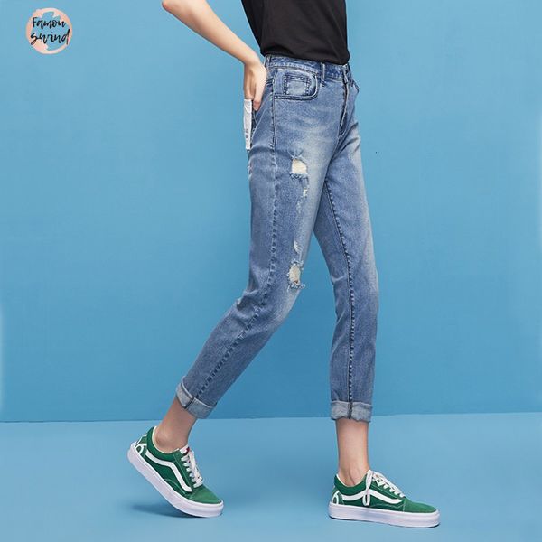 

2019 autumn ripped solid jeans for women streetwear hole washing bleached denim pants hemming loose pencil pants for female, Blue