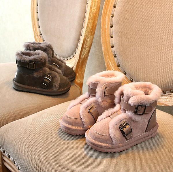

new kids winter genuine leather toddler shoes children' boots baby boys girls australia cowhide warm snow boots with fur, Black;grey